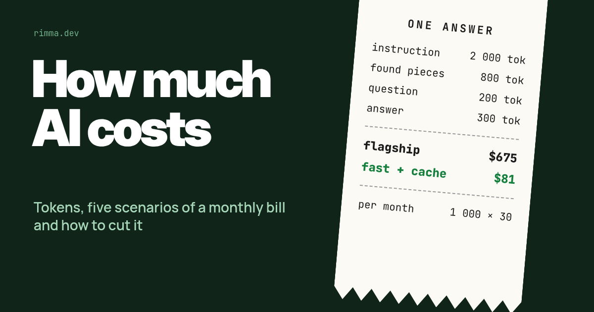 How much AI costs: a long paper receipt with tokens of one answer and the monthly bill — $675 against $81