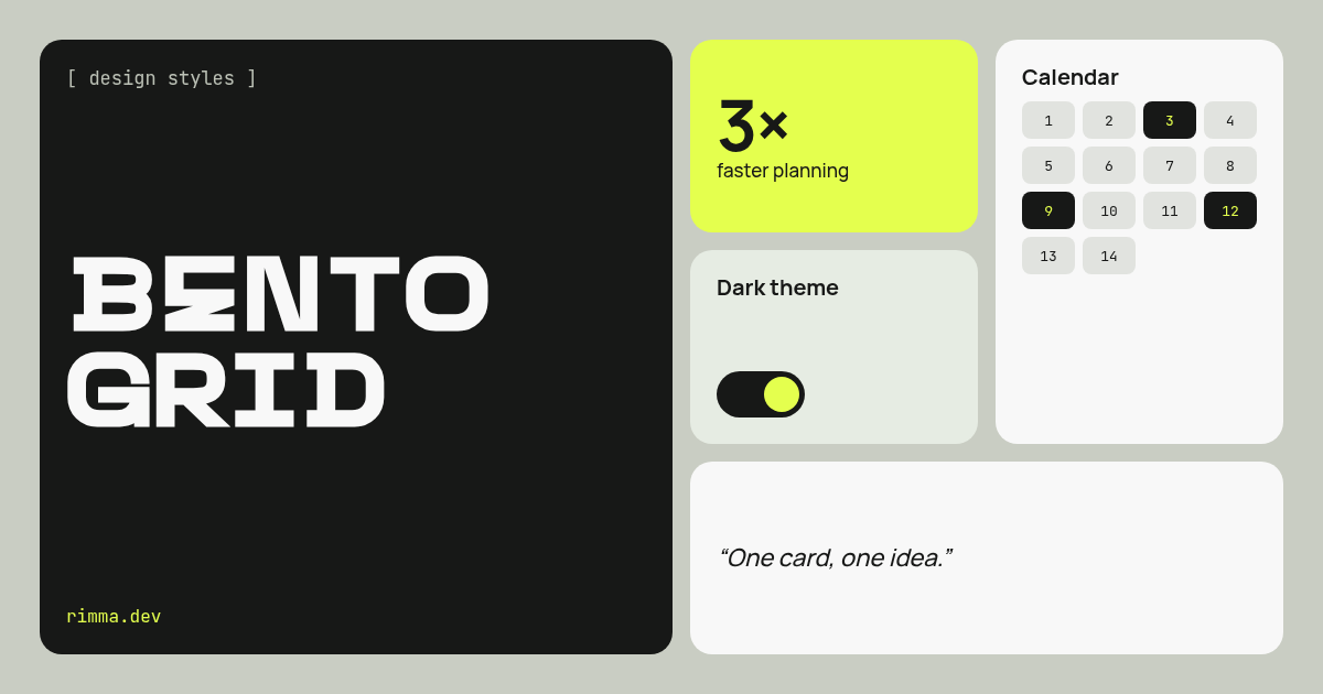 Bento grid: the banner itself is a bento — a large dark card with the title, a lime card with 3×, a calendar, a dark-theme toggle and a quote card