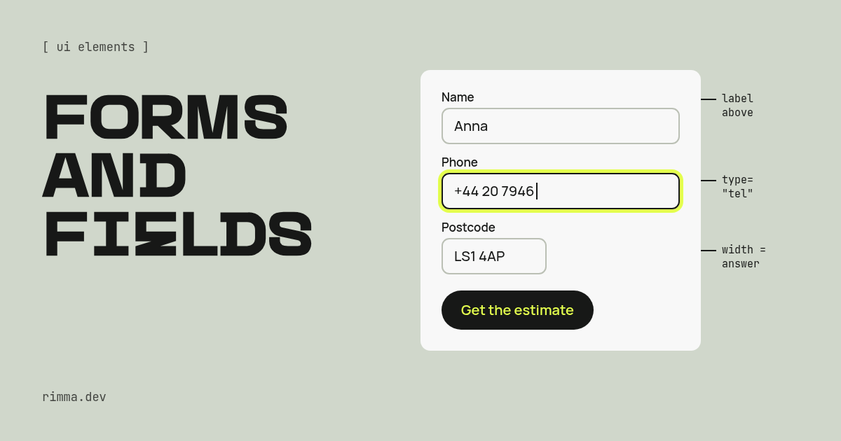 Forms and fields: a form card with labels above the fields, a phone field in focus with a lime ring and a short postcode field