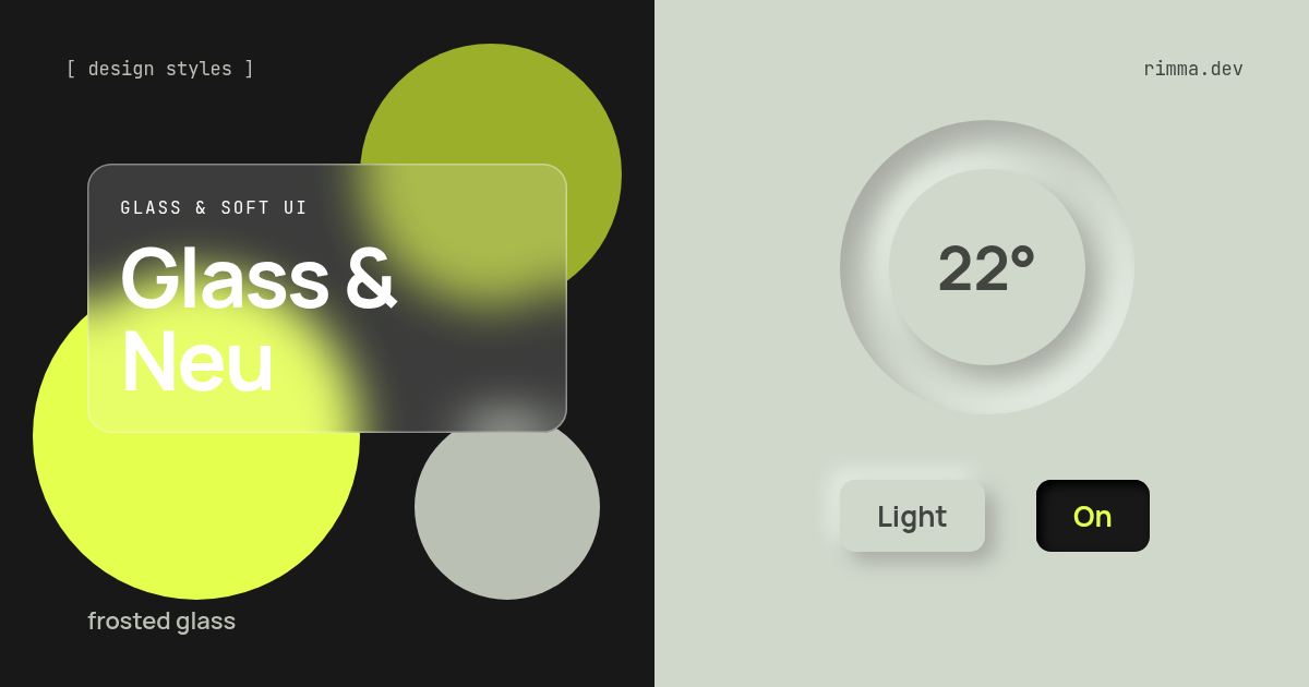 Glass and neumorphism: a frosted glass card over lime, olive and sage circles on black, and a soft sage thermostat dial with extruded buttons