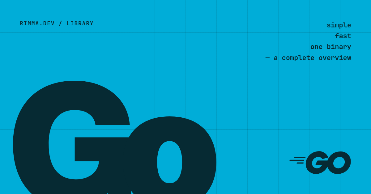 Go: a Swiss-style poster with a huge dark “Go” on cyan, a grid and the words simple, fast, one binary