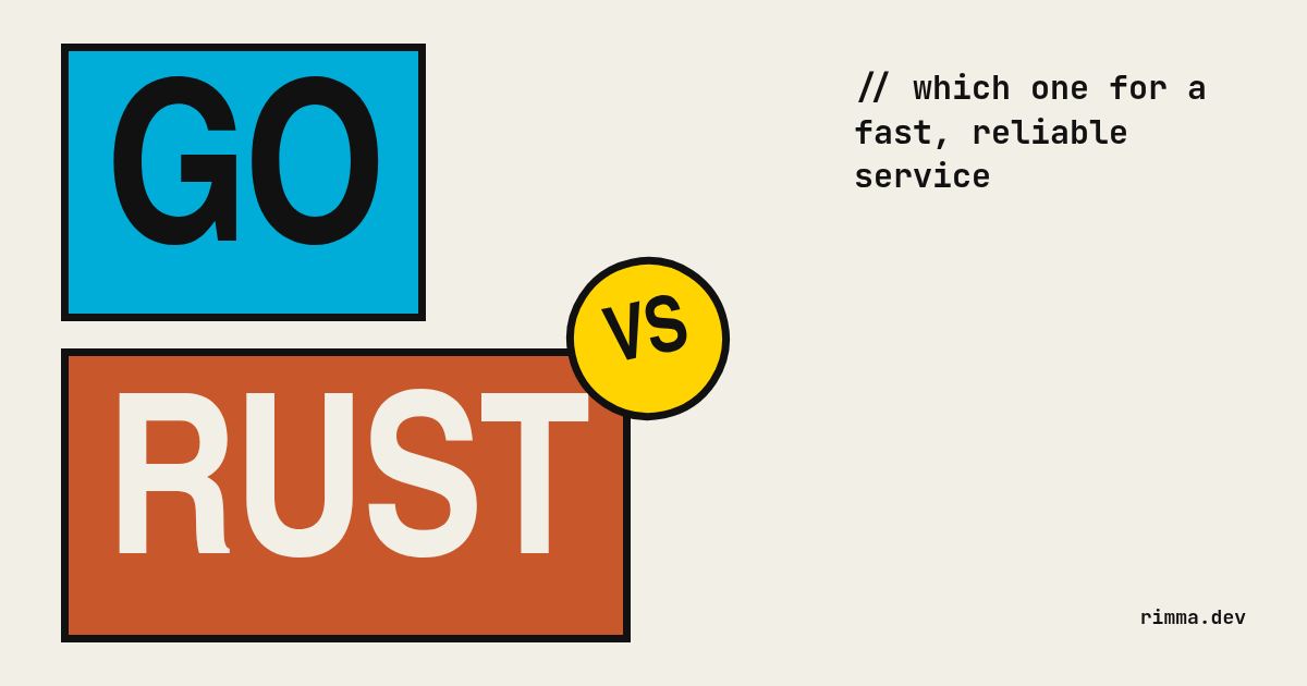 Go or Rust: a brutalist poster with GO in a cyan box, RUST in a rust-red box and a yellow VS sticker