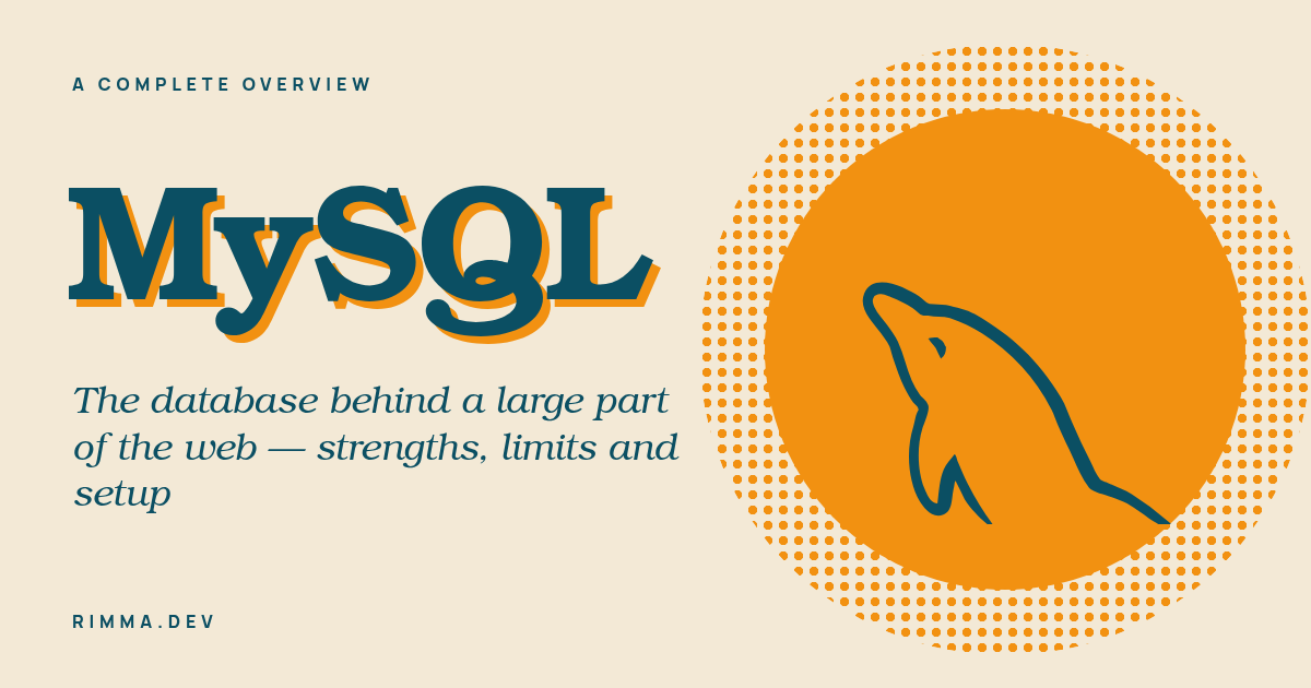 MySQL: a retro print poster with a halftone orange sun, the dolphin and the word MySQL with an offset shadow