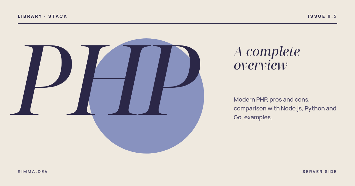 PHP: a magazine-style cover with a huge italic “PHP” over a lavender circle — a complete overview of the language