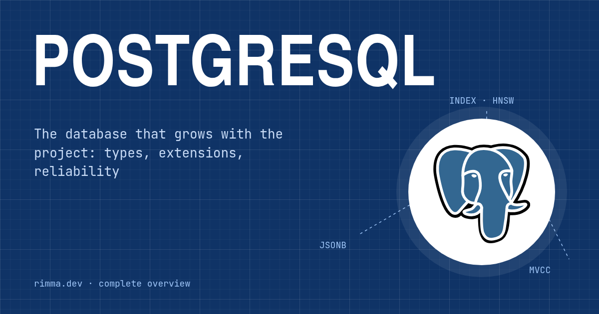 PostgreSQL: a blueprint with the elephant logo and technical labels JSONB, HNSW index and MVCC