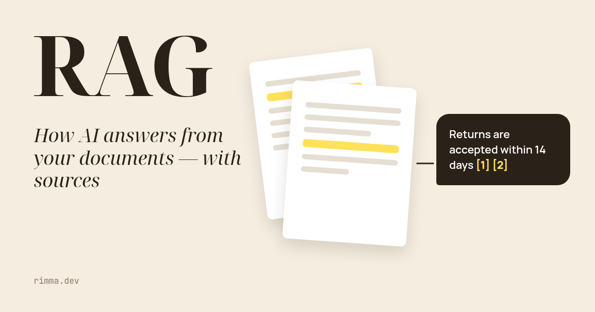 RAG: documents with highlighted lines turning into an answer bubble with citations [1] [2]