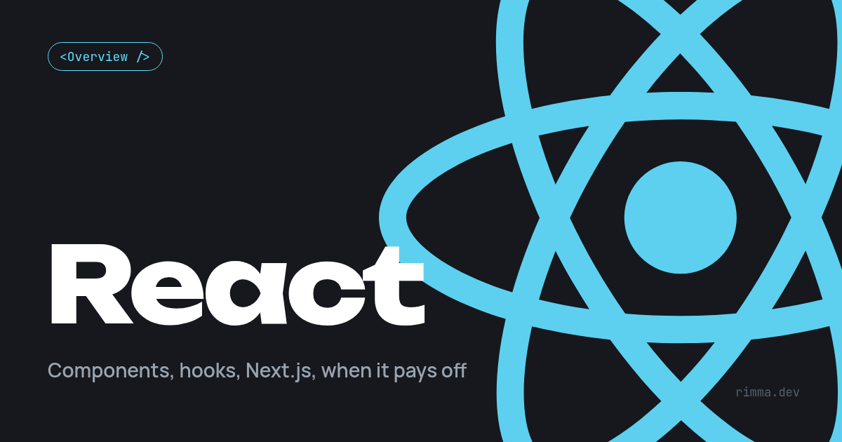 React: a giant cyan React atom on a dark background and the word React