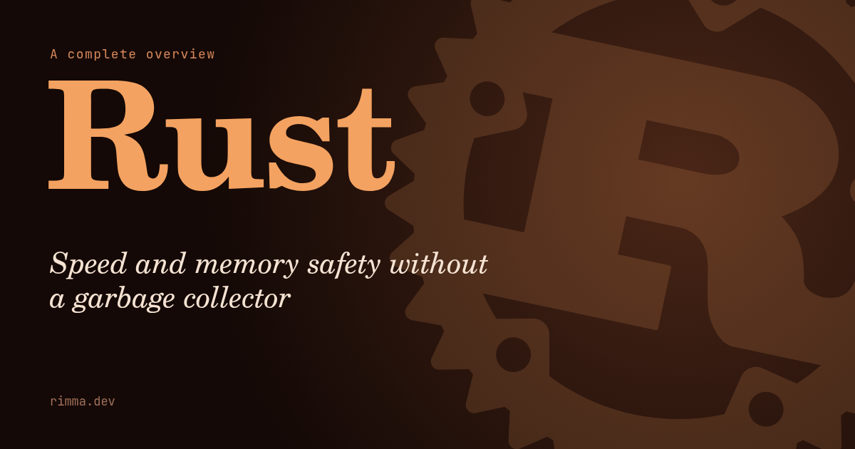 Rust: copper lettering over a dark background with a large rusty gear