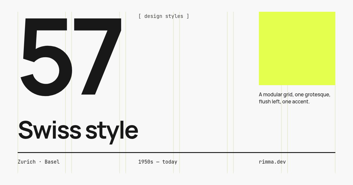 Swiss style: a poster on a thin modular grid with huge numerals 57, a lime rectangle, a flush-left headline and a thick rule