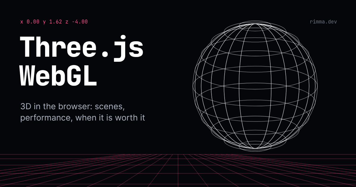 Three.js and WebGL: a white wireframe sphere above a pink perspective grid on black